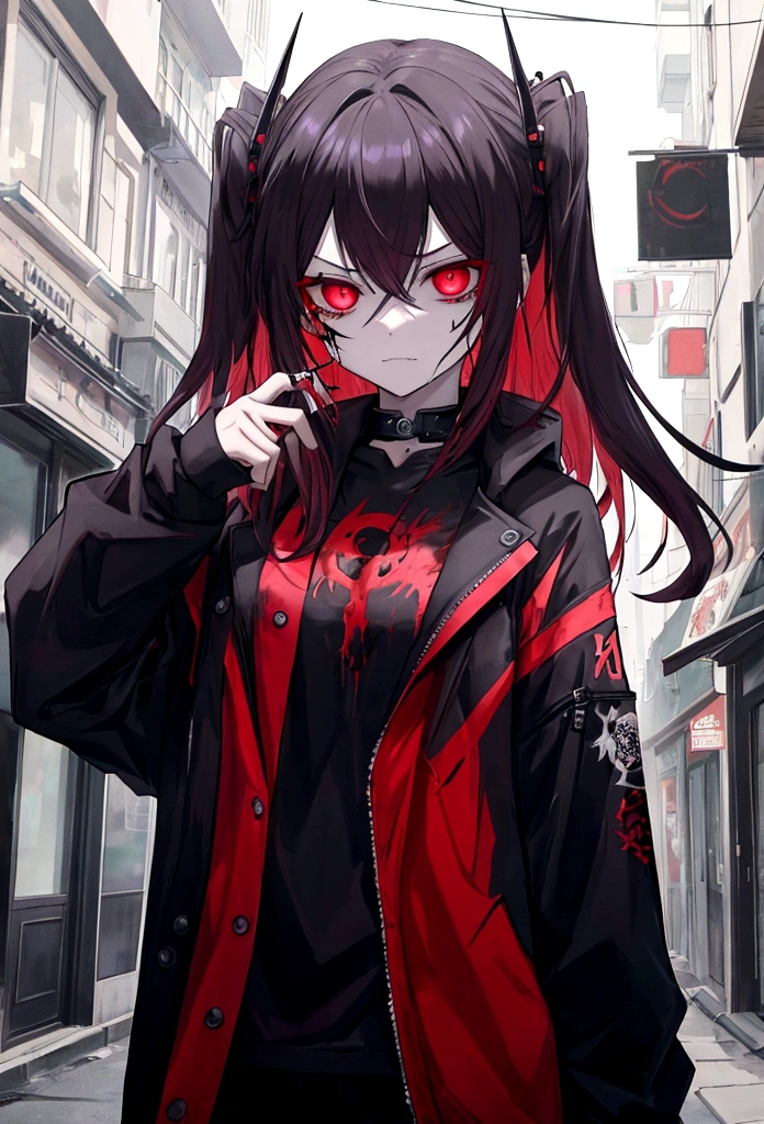 The image depicts a character, a sinister anime character with a cunning yet created aura. She is bloody, holding a knife and feeling deranged, resulting in anxiety and fear. The sight of ten at the same time is sexually exciting. Figure ragged but modern clothes in arcade, casual and street style. despite its dark nature, there is hidden beauty.