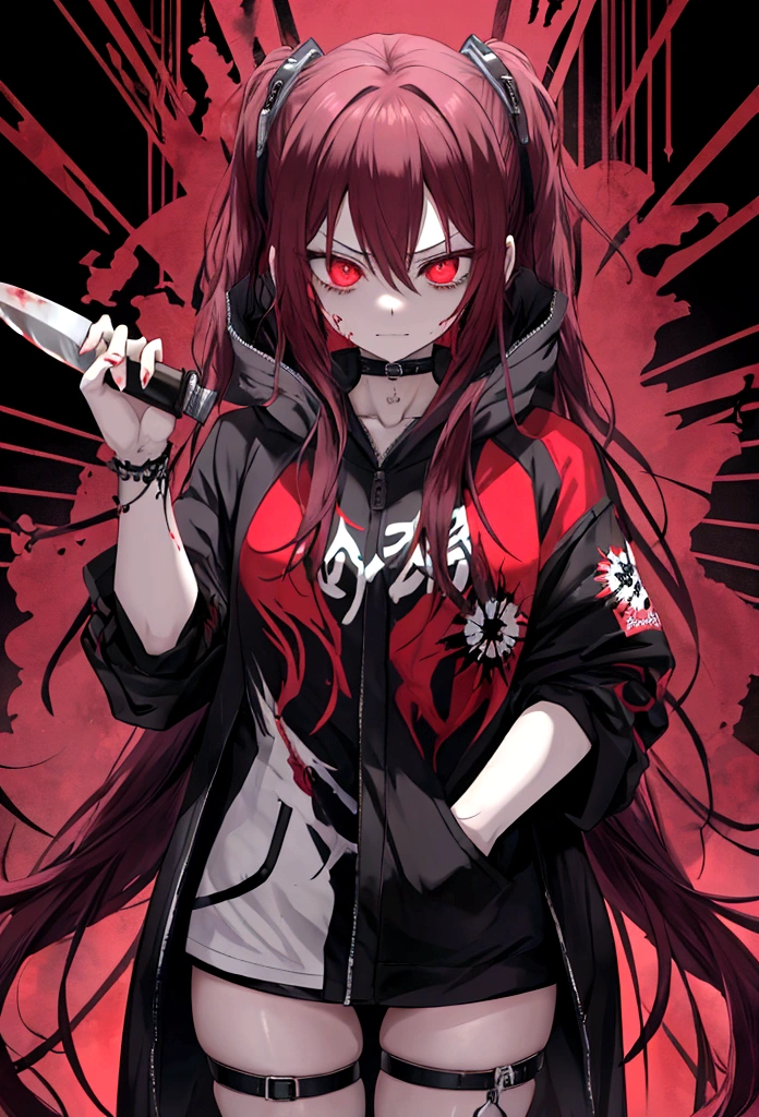 The image depicts a character, a sinister anime character with a cunning yet created aura. She is bloody, holding a knife and feeling deranged, resulting in anxiety and fear. The sight of ten at the same time is sexually exciting. Figure ragged but modern clothes in arcade, casual and street style. despite its dark nature, there is hidden beauty.
