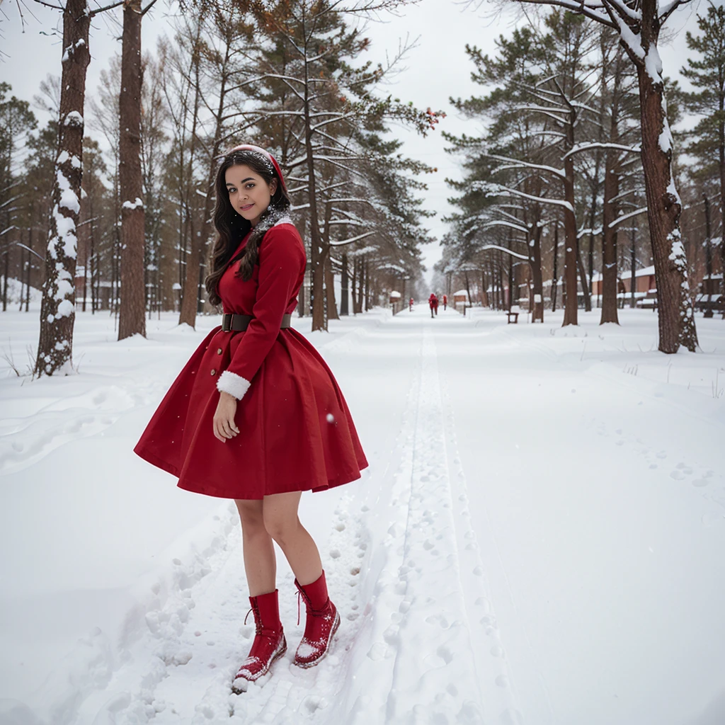 Santa woman standing in the snow wearing a red dress