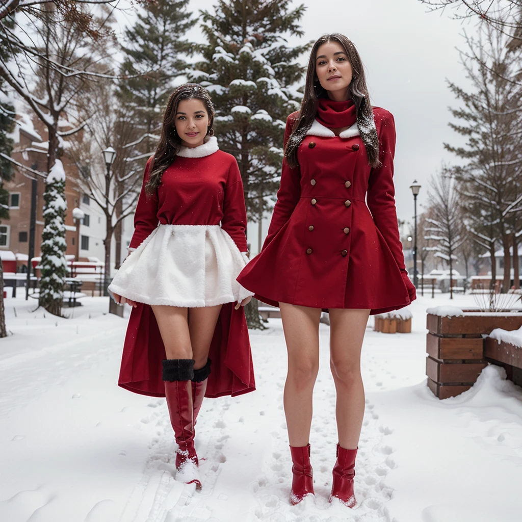 Santa woman standing in the snow wearing a red dress