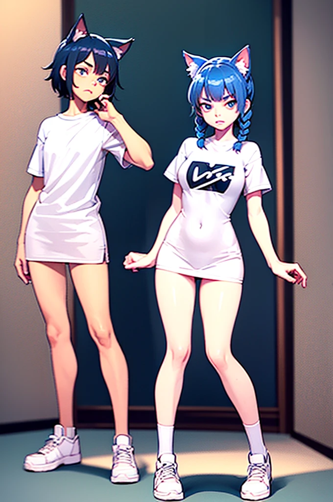 1 female, small kid cat girl, perfect legs, realistic lips oversized white t-shirt going all the way to the thighs, arms crossed propping up breast, hourglass figure, white eyes, french braid, blue hair, annoyed, cat ears, in an apartment, best quality
