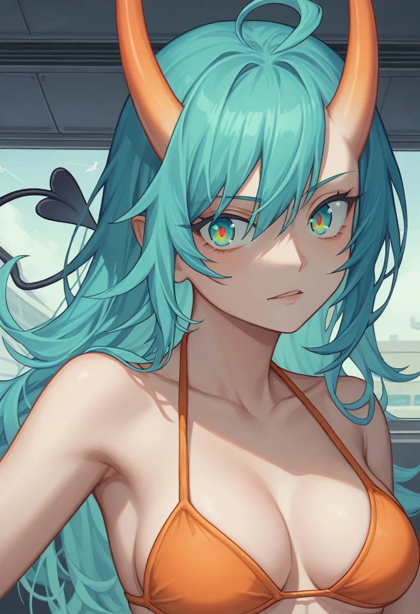 score_9, score_8_up, score_7_up,1 daemon woman, black  demon horns, black demon tail, (aquamarine hair),aquamarine green color hair,ahoge, long hair, (long hair),bangs, light orange bikini, bikini is orange, bikini orange, orange bikini!, (aquamarine eyes), background is spaceship, aquamarine eyes, 1woman ,facing viewer, daemon girl,  close up,Well-endowed, alone, Spacecraft interior