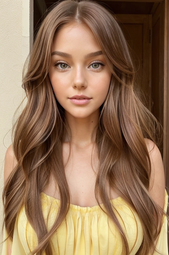 Photo of a girl who is 31 years old. She is tall and here long thick hair is roasted chestnut colour. She is wearing a flirty lemon yellow sundress. Her eyes are hazel. Her face is soft and skin is pale. She has pink lips. She had disney princess look.