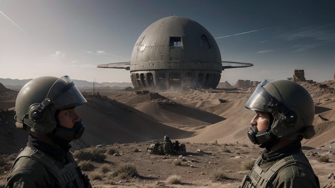 The first frame presents an impressive panorama of a distant world, enveloped in the boundless expanses of space.. planet, devastated by war, represents a gloomy landscape - smoky sky., Desert Terrain, and the remains of destroyed buildings, weaving a story of devastation. С Unreal Engine, We continue, providing hyper-realistic visual effects. Camera pans in, offering a closer look at a group of soldiers ready for battle, fully closed futuristic helmets, visors, gasmask. Dressed in full military gear, the group is united, preparing for an alien threat invasion. They form a fortified line, tell me one