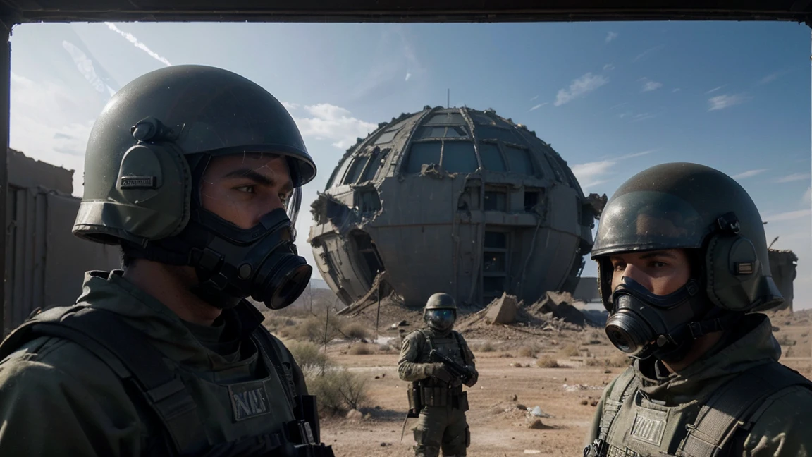 The first frame presents an impressive panorama of a distant world, enveloped in the boundless expanses of space.. planet, devastated by war, represents a gloomy landscape - smoky sky., Desert Terrain, and the remains of destroyed buildings, weaving a story of devastation. С Unreal Engine, We continue, providing hyper-realistic visual effects. Camera pans in, offering a closer look at a group of soldiers ready for battle, fully closed futuristic helmets, visors, gasmask. Dressed in full military gear, the group is united, preparing for an alien threat invasion. They form a fortified line, tell me one