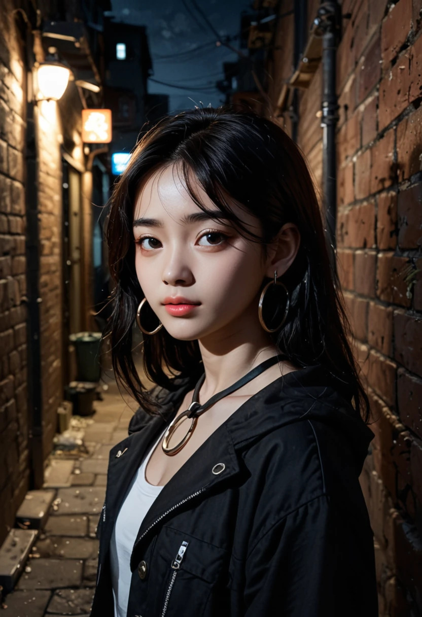 Fraction_9,Fraction_8_Direction_7_up,Every detail is exquisite,Korean,Korean pop music,
portrait,(shadow:1.4),night,Dark Alley,O-rings,