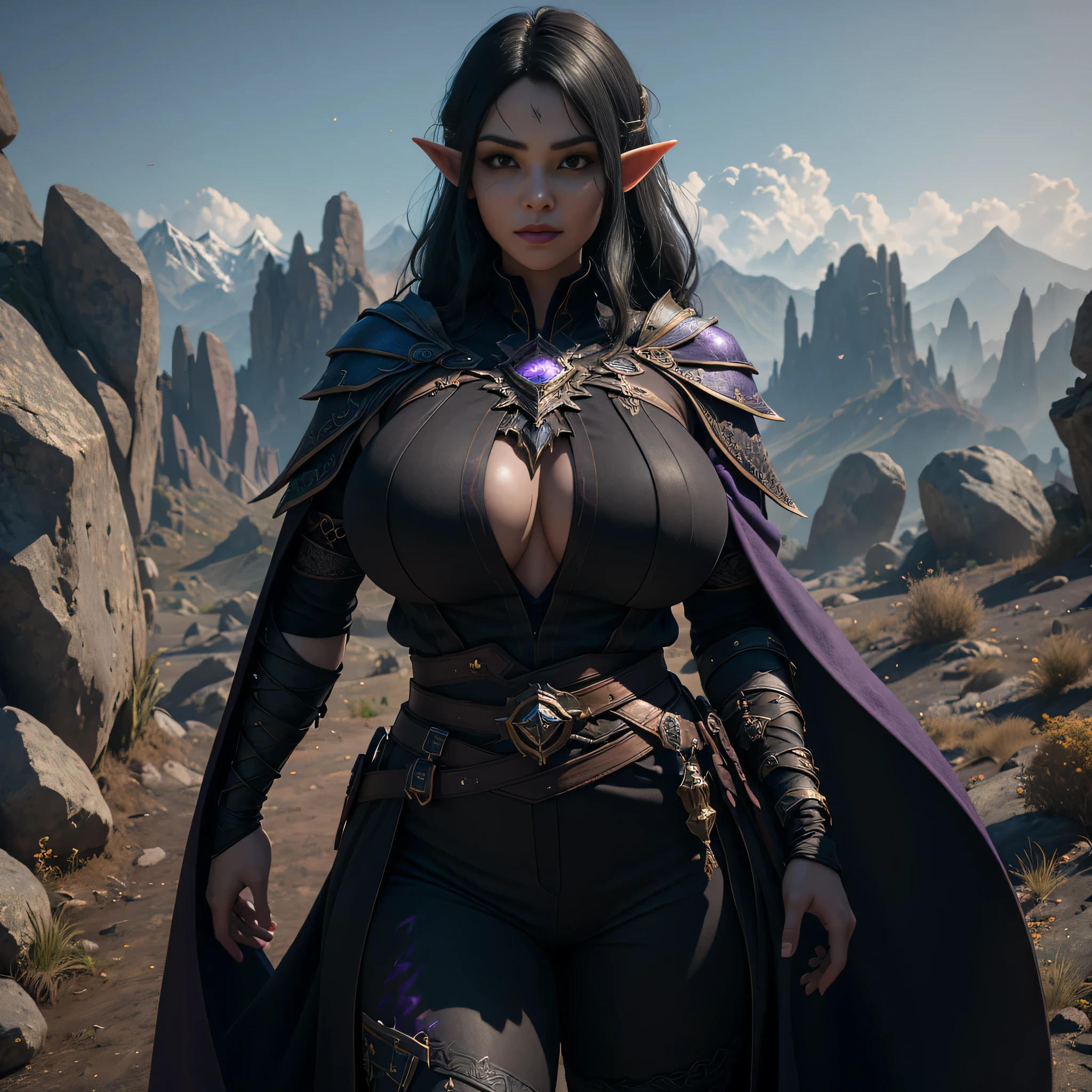 ((Best quality)), ((masterpiece)), (detailed: 1.4), 3D, (half-elf sorceress), (black hair, purple eyes:1.5, pale brown skin), (black robe, purple sleeves, grey pants, black boots and black armbands), (huge tits, big booty, short, curvy), (heavy gothic makeup), HDR (High Dynamic Range),Ray Tracing,NVIDIA RTX,Super-Resolution,Unreal 5,Subsurface dispersion, PBR texture, Post-processing, Anisotropic filtering, Depth of field, Maximum clarity and sharpness, Multilayer textures, Albedo and specular maps, Surface shading, Accurate simulation of light-material interaction, Perfect proportions, Octane Render, Two-tone lighting,Wide aperture,Low ISO,White balance,Rule of thirds,8K RAW,