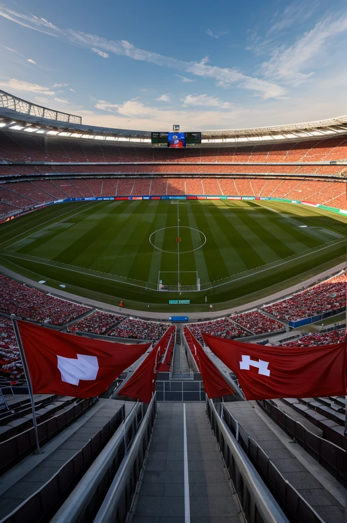Create an image for the first round of 16 of the European Football Championship 2024 in Germany. The round of 16 will take place between Switzerland (🇨🇭) and Italy (🇮🇹) instead of. The two flags should be clearly visible. In the background there should be a stadium in which the two flags are displayed large. On the left side the Swiss flag and on the right side the Italian flag.