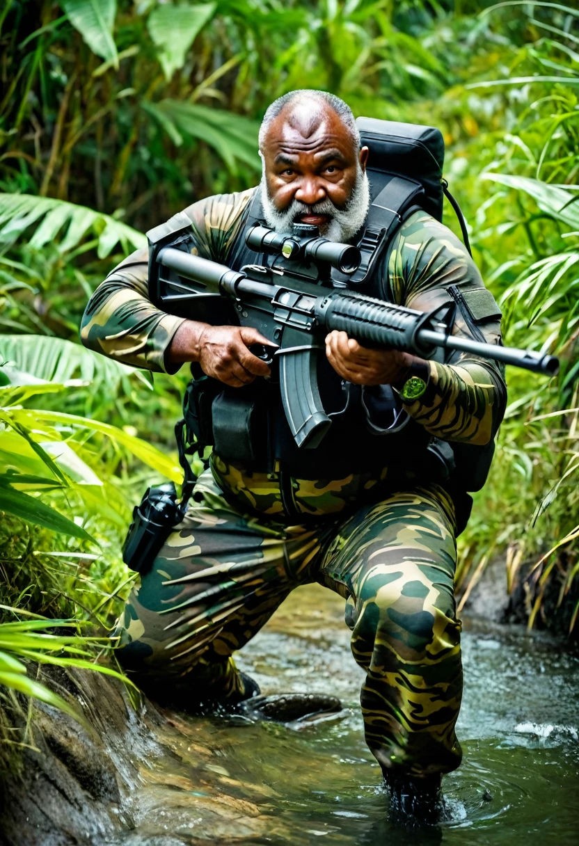 (a dark-skinned bearded fat muscular old man in a bulky army camouflage zipper diver suit), crouching shooting with sniper rifle, muscular, Bruce Onobrakpeya, sumatraism, stanley artgermm, action, heroic, fierce, furious
