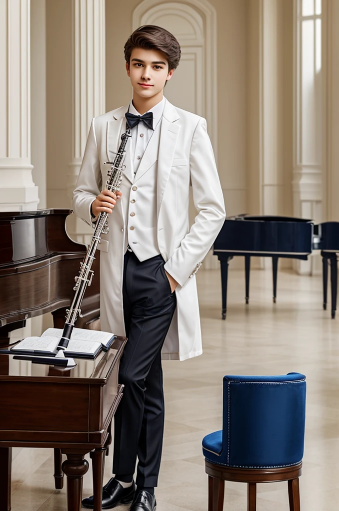17year old student, formal clothes, playing clarinet, white coat