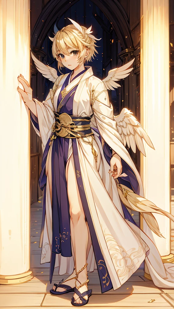 Angel男孩，Angel男孩，Blonde short hair，情趣robe，robe，高开叉robe，Western style，贵族风格robe，Angel，wing，wing，wing，wing，feather，Greek style，laurels