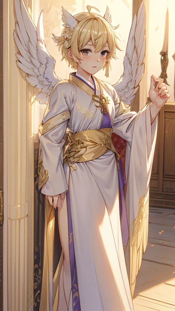 Angel男孩，Angel男孩，Blonde short hair，情趣robe，robe，高开叉robe，Western style，贵族风格robe，Angel，wing，wing，wing，wing，feather，Greek style，laurels