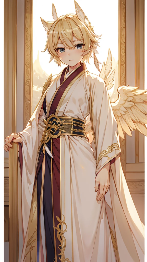 Angel男孩，Angel男孩，Blonde short hair，情趣robe，robe，高开叉robe，Western style，贵族风格robe，Angel，wing，wing，wing，wing，feather，Greek style，laurels