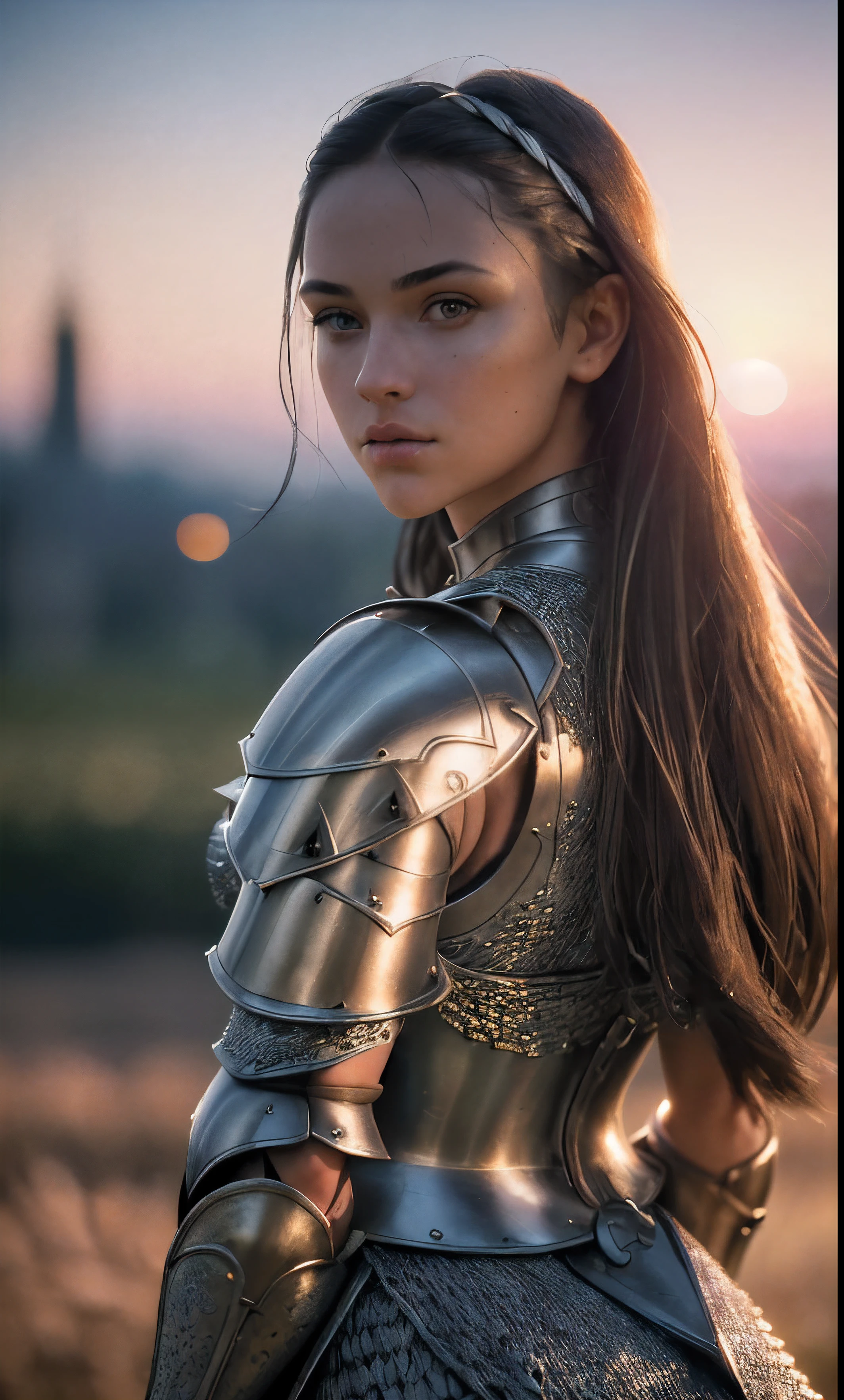 (masterpiece), (extremely intricate:1.3), (realistic), portrait of a girl, the most beautiful in the world, (medieval armor), metal reflections, upper body, outdoors, intense sunlight, far away castle, professional photograph of a stunning woman detailed, sharp focus, dramatic, award winning, cinematic lighting, octane render  unreal engine,  volumetrics dtx, (film grain, blurry background, blurry foreground, bokeh, depth of field, sunset, motion blur:1.3), chainmail