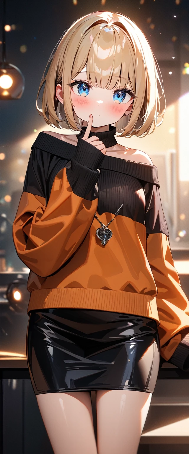 (((One girl))), blond hair, bob cut, breasts, from front, (cowboy shot), (looking at viewer), ((black pencil skirt)), ((off-shoulder black sweater)), index finger to own mouth, arm at side, face in focus, teenager, head tilt:1.3, (((blue eye))), ((no mouth)), ((blush)), ((sleeves past wrists)), anime style, (best quality, 4k, 8k, highres, masterpiece:1.2, ultra-detailed, ultra-detailed eyes, HDR, UHD, studio lighting, ultra-fine painting, sharp focus, physically-based rendering, extreme detail description, professional, vivid colors, bokeh)