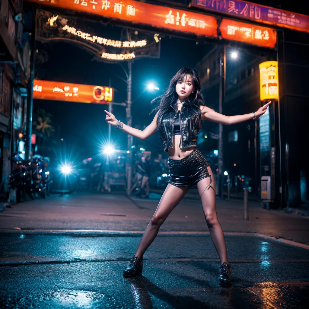 A photograph of the bustling streets of Yaowarat taken by a 800mm lens of the Sony A90, featuring a girl who looks like Lisa, with long, flowing black hair styled in loose waves. She's adorned with a sequined vest, the centerpiece being a large, black star that gleams under the midnight sky. The vest is paired with long, black, high-gloss pants that accentuate her powerful stance. The full moon hangs low in the sky, casting an ethereal glow over the scene. The girl is captured mid-dance, her energy electrifying the crowd gathered around her. Add some neon signs in the background and text "LISA ROCKSTAR" in this picture