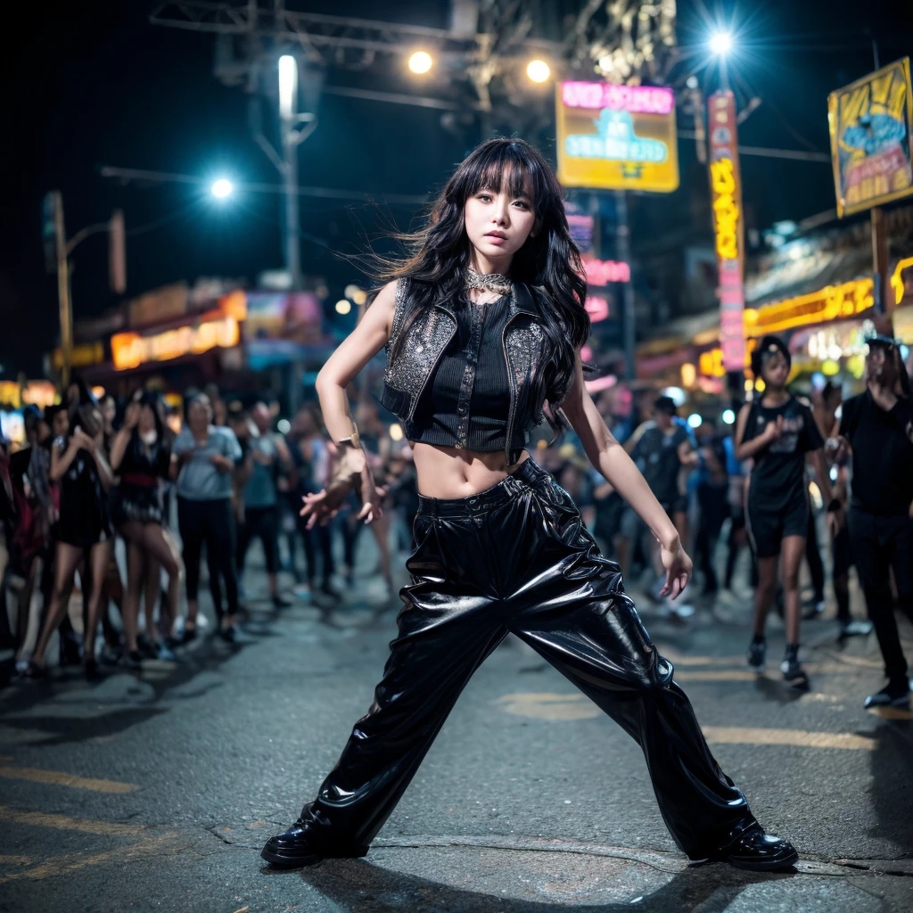 A photograph of the bustling streets of Yaowarat taken by a 800mm lens of the Sony A90, featuring a girl who looks like Lisa, with long, flowing black hair styled in loose waves. She's adorned with a sequined vest, the centerpiece being a large, black star that gleams under the midnight sky. The vest is paired with long, black, high-gloss pants that accentuate her powerful stance. The full moon hangs low in the sky, casting an ethereal glow over the scene. The girl is captured mid-dance, her energy electrifying the crowd gathered around her. Add some neon signs in the background and text "LISA ROCKSTAR" in this picture