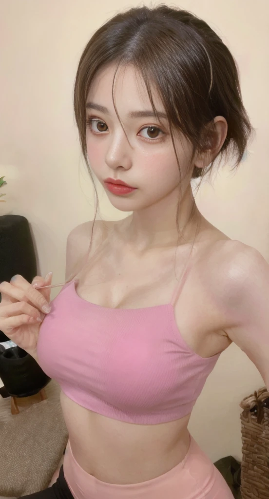 （realistic,high resolution：1.3）， skinny girl， Their facial features and eyes are very delicate.,red glossy lips,(Beautiful face), (best quality), (Extremely detailed,(rift),Big eyes,),(Slim waistline),perky breasts,soft breasts,The breasts are very realistic.,,(big breasts),Character is central,perfect breast shape,short hair,((short hairบ่าสีดำ)),(naked),yoga shorts,Standing personal fitness gym