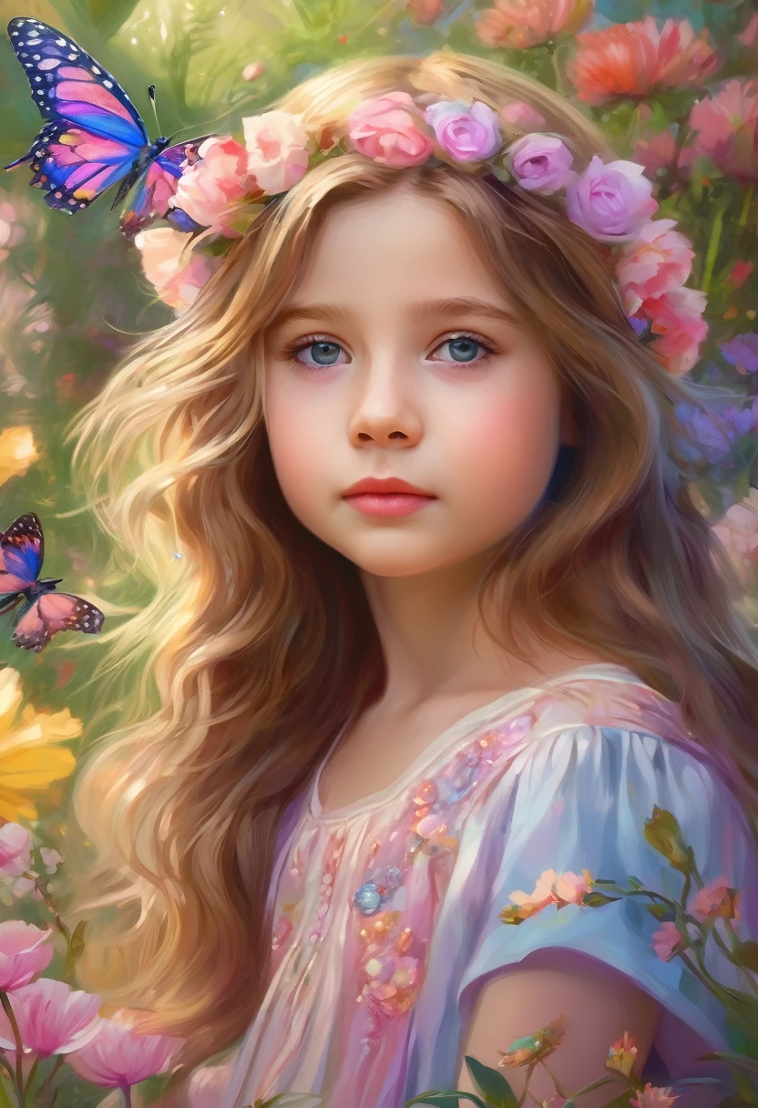 a cute young girl, 1girl, delicate facial features, large eyes, rosy cheeks, flowing hair, wearing a colorful dress, sitting in a beautiful garden, surrounded by flowers, butterflies, sunlight, soft lighting, pastel colors, fine art painting, digital painting, highly detailed, intricate, photorealistic, 8k, best quality, masterpiece