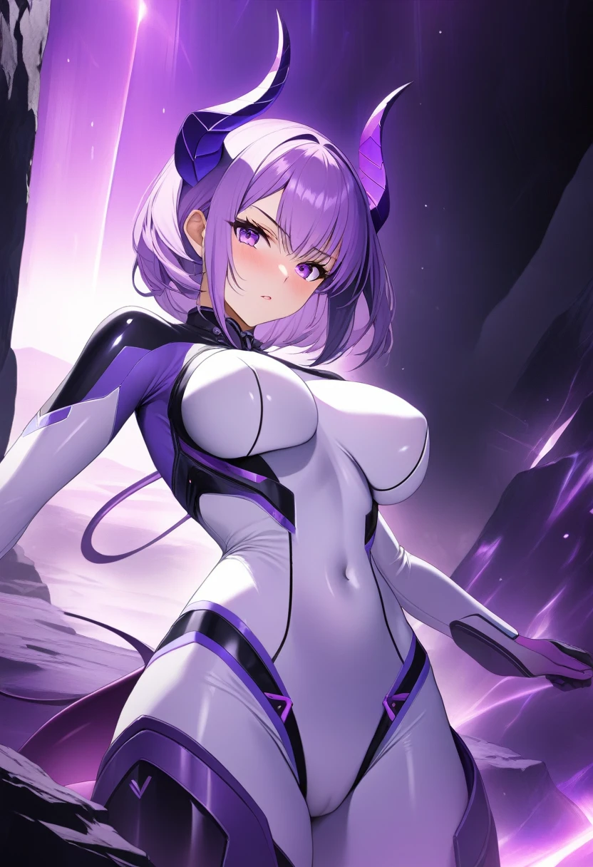 1girl, surrounded by purple magic, serious glare, alien, (((small horns))), purple alien tail, purple magic, natural big breasts, sci-fi, white bodysuit, long sleeves, light-purple hair, dark cave, masterpiece quality, ultra HD, 4K, best quality,