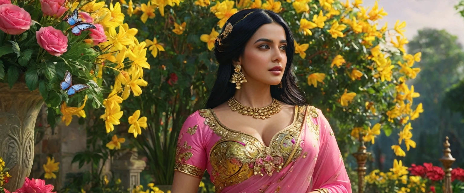 a middle east woman with black hair, beautiful detailed eyes, beautiful detailed lips, extremely detailed face, butterflies in her hair, wearing a pink saree dress with gold details, standing in a garden full of yellow, red, blue, pink flowers, ((large breasts)), (best quality,4k,8k,highres,masterpiece:1.2),ultra-detailed,(realistic,photorealistic,photo-realistic:1.37),intricate,ornate,highly detailed,hyper realistic,vivid colors,dramatic lighting,cinematic,ethereal,fantasy,elegant,beautiful,serene