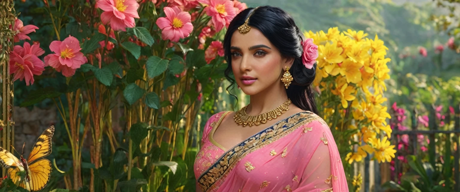 a middle east woman with black hair, beautiful detailed eyes, beautiful detailed lips, extremely detailed face, butterflies in her hair, wearing a pink saree dress with gold details, standing in a garden full of yellow, red, blue, pink flowers, ((large breasts)), (best quality,4k,8k,highres,masterpiece:1.2),ultra-detailed,(realistic,photorealistic,photo-realistic:1.37),intricate,ornate,highly detailed,hyper realistic,vivid colors,dramatic lighting,cinematic,ethereal,fantasy,elegant,beautiful,serene