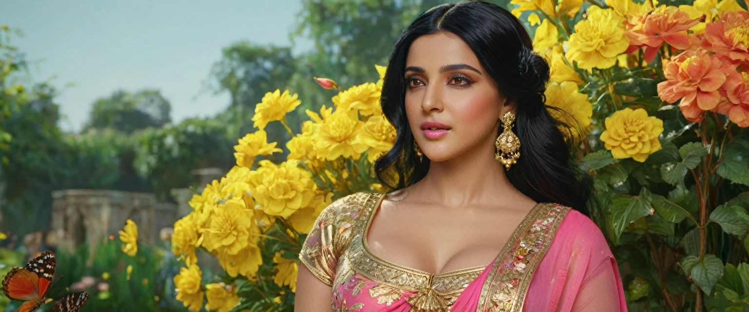 a middle east woman with black hair, beautiful detailed eyes, beautiful detailed lips, extremely detailed face, butterflies in her hair, wearing a pink saree dress with gold details, standing in a garden full of yellow, red, blue, pink flowers, ((large breasts)), (best quality,4k,8k,highres,masterpiece:1.2),ultra-detailed,(realistic,photorealistic,photo-realistic:1.37),intricate,ornate,highly detailed,hyper realistic,vivid colors,dramatic lighting,cinematic,ethereal,fantasy,elegant,beautiful,serene