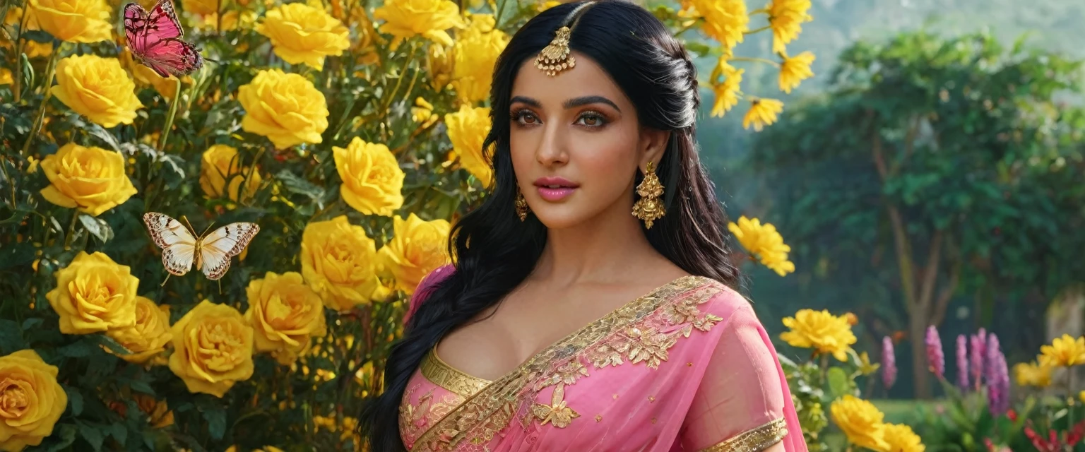 a middle east woman with black hair, beautiful detailed eyes, beautiful detailed lips, extremely detailed face, butterflies in her hair, wearing a pink saree dress with gold details, standing in a garden full of yellow, red, blue, pink flowers, ((large breasts)), (best quality,4k,8k,highres,masterpiece:1.2),ultra-detailed,(realistic,photorealistic,photo-realistic:1.37),intricate,ornate,highly detailed,hyper realistic,vivid colors,dramatic lighting,cinematic,ethereal,fantasy,elegant,beautiful,serene