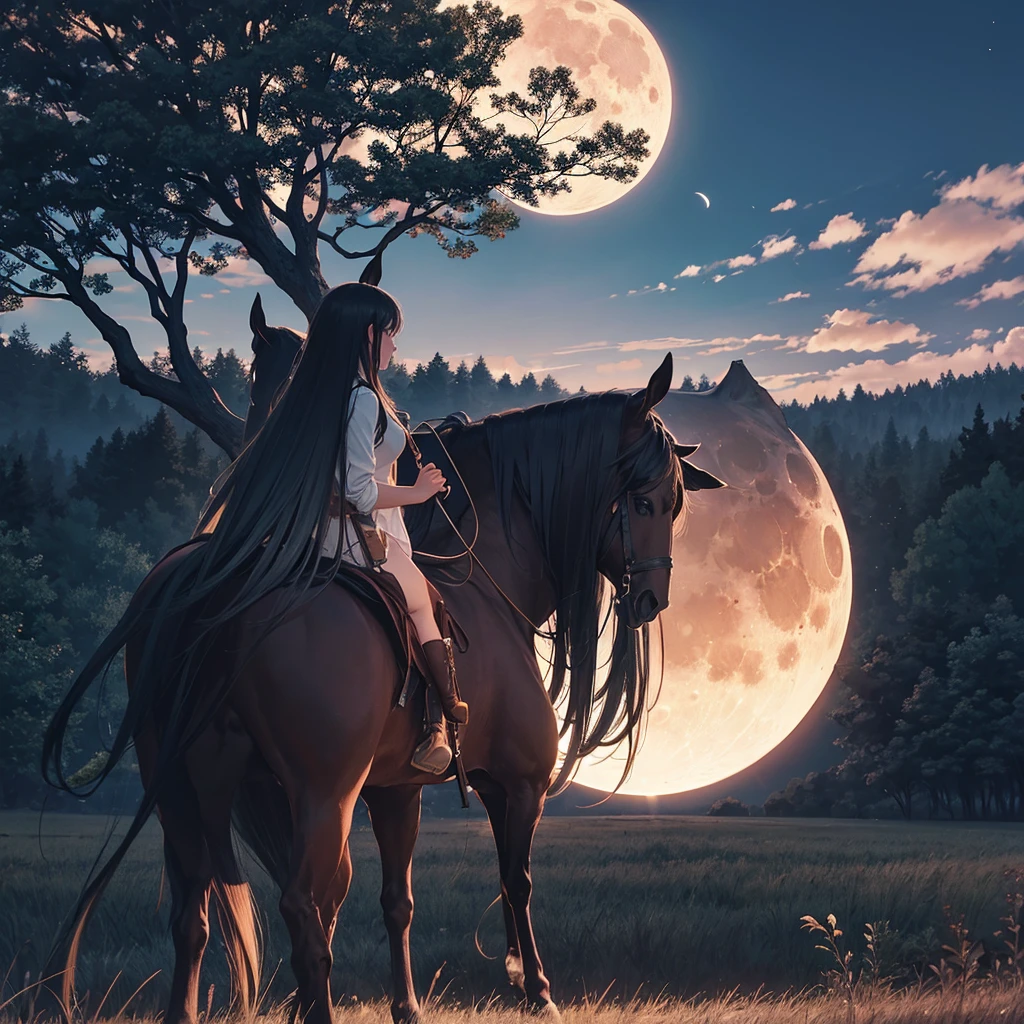 field,night,moon,one big tree with roots, Girl on horseback,