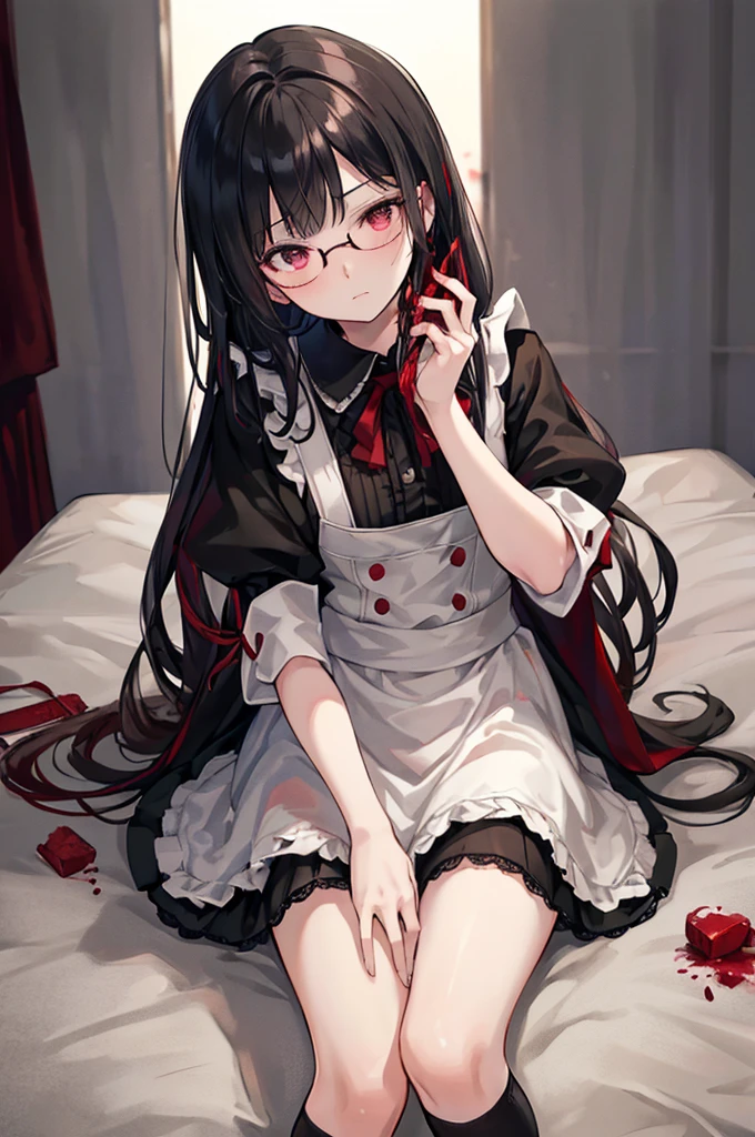 Bloody、Blood splatter、Dark shades、red tint、Looking At Other、Blunt bangs、Sitting,Place your hands between your legs,Maid, Glasses, Over the knee socks,Drunk Eyes,Blunt bangs, Black Hair,(Tabletop:1.2, Highest quality), (beautiful, Fine grain: 1.2), (Detailed Background,Dark fantasy), (beautifully detailed face), High Contrast, (Best lighting, とても繊細でbeautiful), ((Cinematic Light)), Hyper Detail, Dramatic Light, Intricate details,