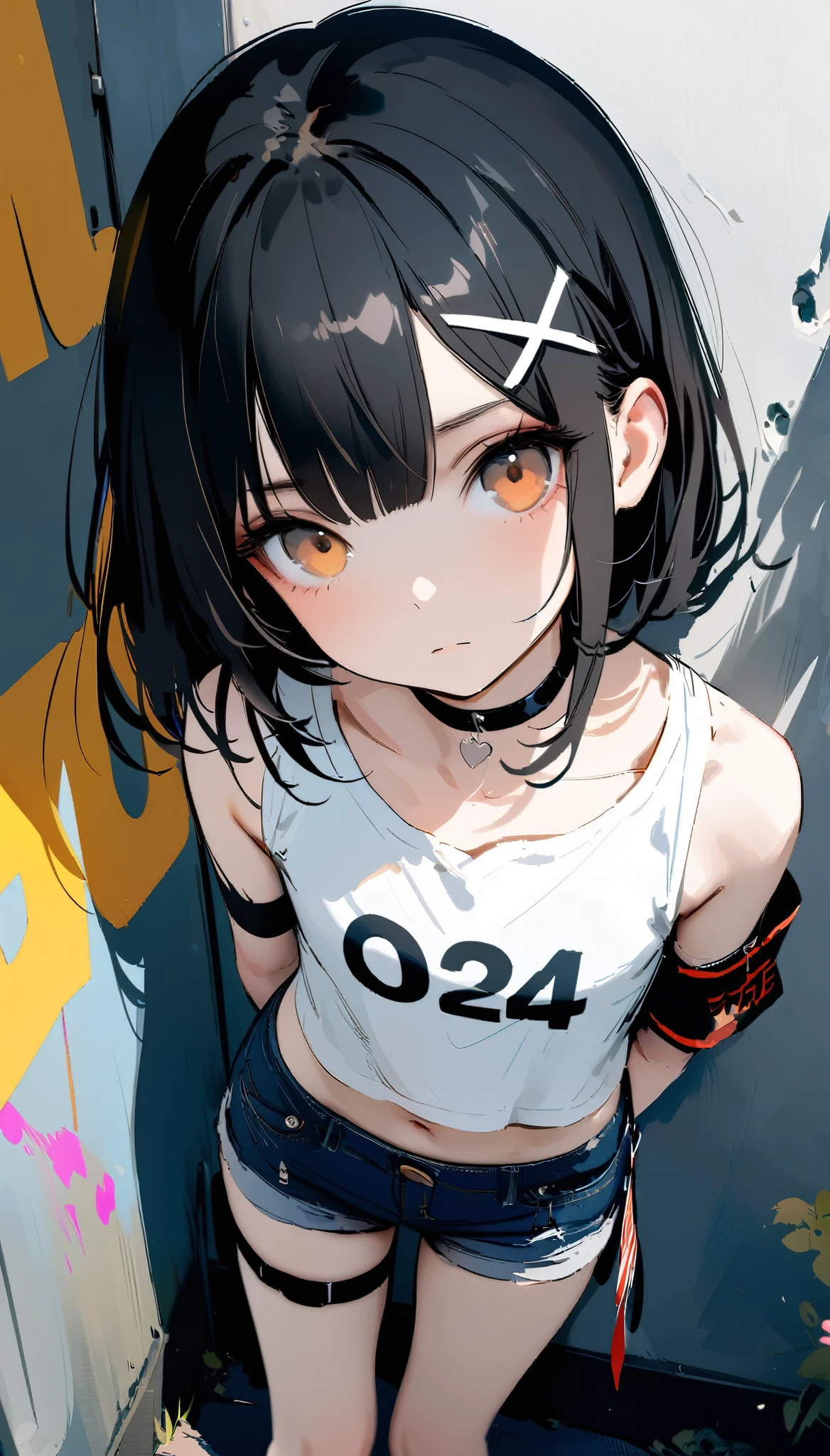 [artist:ningen_mame],[artist:sho_(sho_lwlw)],[artist:mignon],[artist:kedama milk],[artist:ask_(askzy)],artist:wanke,artist:wlop,artist:fujiyama,year 2024,8k,1girl,(Miyu Edelfelt),black hair,brown eyes,small chest,x hair ornament, solo, (loose clothes),crop top, denim shorts, choker, graffiti paint splatter, arms behind back, (slouching), bent over, wall, looking at viewer, armband, thigh strap, streaked hair, paint on body, upturned eyes, head down, head tilt, (from above:1.3), bored,expressionless