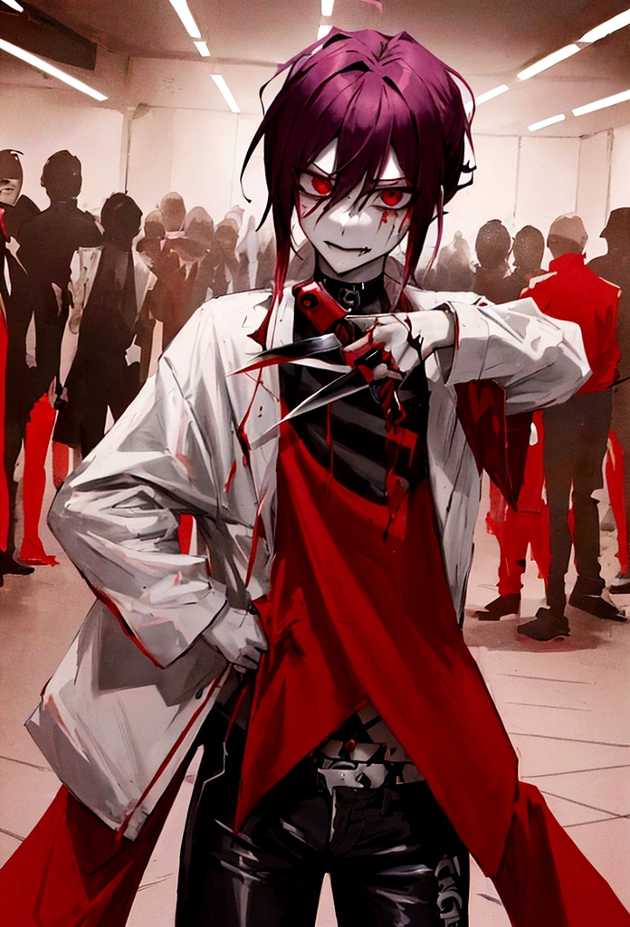 The image depicts a character, a sinister anime character with a cunning yet created aura. She is bloody, holding a knife and feeling deranged, resulting in anxiety and fear. The sight of ten at the same time is sexually exciting. Figure ragged but modern clothes in arcade, casual and street style. despite its dark nature, there is hidden beauty.