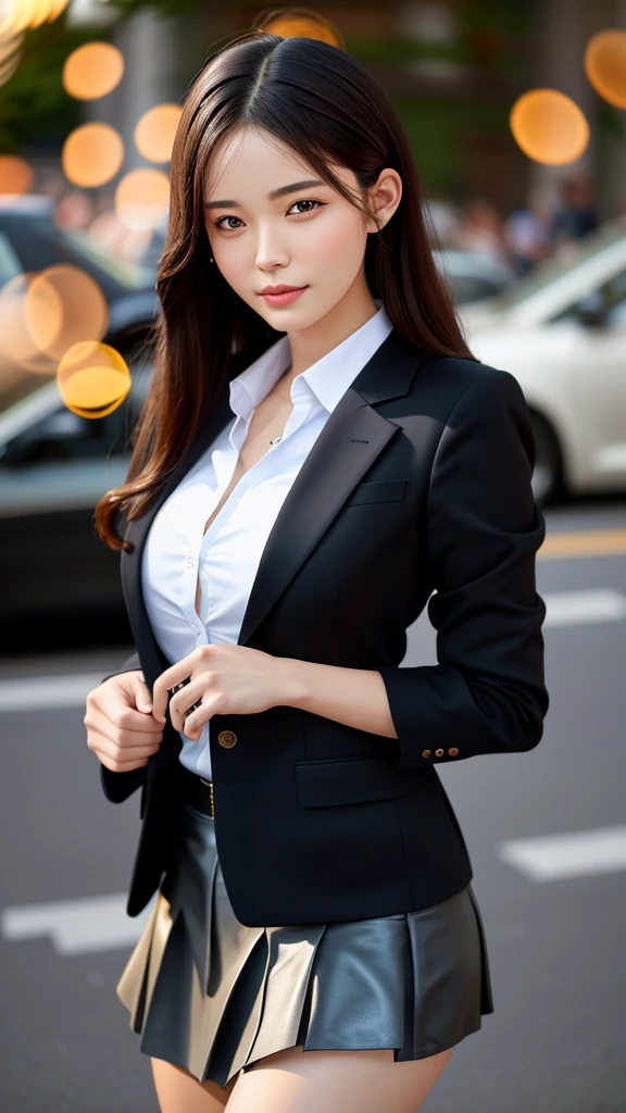 最high quality, masterpiece, One girl, Beautiful Face, (photo Realistic:1.3), Rim Light, (Skin with attention to detail:1.2), 8K Ultra HD, Digital SLR, high quality, High resolution, 4K, 8K, Bokeh, Absurd, The optimal ratio is four fingers to one thumb, (Realistic:1.3), cute One girl, wearing black formal blazer, Medium chest, Short skirt,