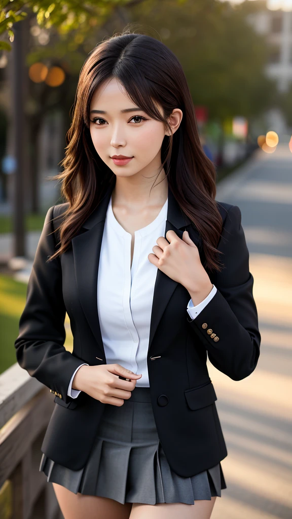 最high quality, masterpiece, One girl, Beautiful Face, (photo Realistic:1.3), Rim Light, (Skin with attention to detail:1.2), 8K Ultra HD, Digital SLR, high quality, High resolution, 4K, 8K, Bokeh, Absurd, The optimal ratio is four fingers to one thumb, (Realistic:1.3), cute One girl, wearing black formal blazer, Medium chest, Short skirt,