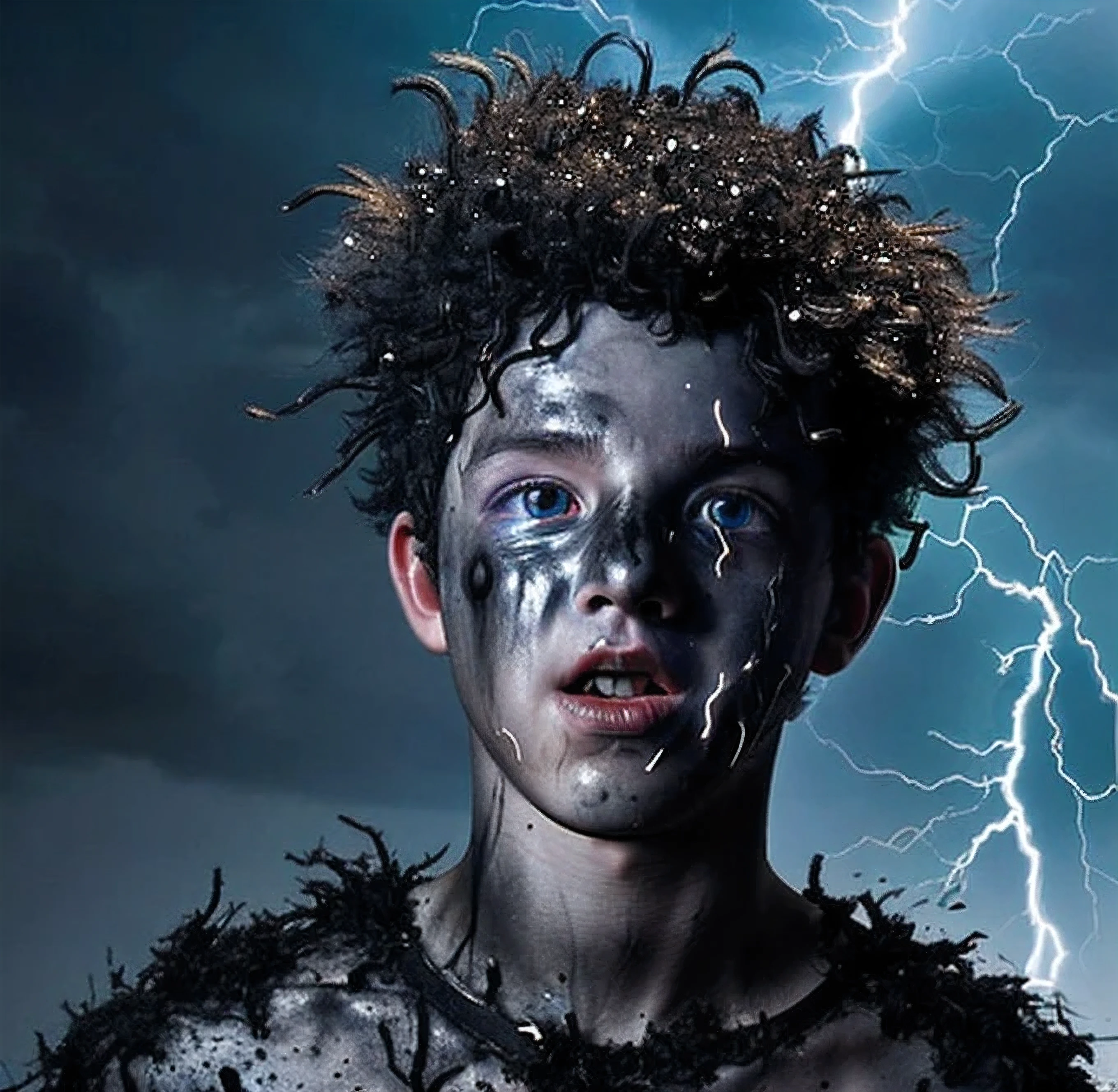 A boy is electrocuted in a comedy drama, covered in soot and left in tatters after being struck by lightning.