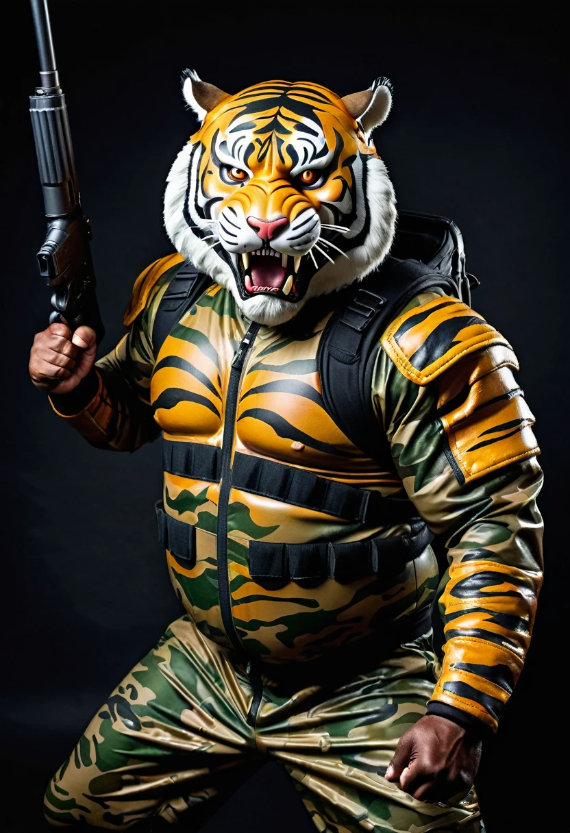 (a dark-skinned fat muscular old man in a bulky army camouflage zipper diver suit) raising his fist, carrying a rifle on his back and (wearing realistic roaring siberian tiger mask), muscular, Basuki Abdullah, sumatraism, action, a character portrait, heroic, fierce, snarling