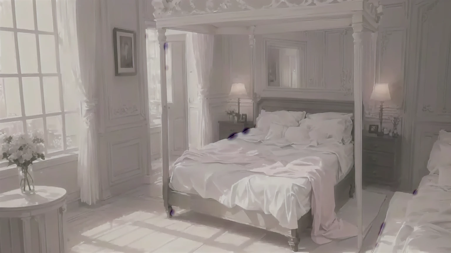 there is a bed with a canopy in a room with white walls, Unreal Engine ; Romantic Theme, bedroom background, bed is not made, dim bedroom, in a bedroom, Photorealistic Room, Cream colored room, bed room, inside of a bedroom, Dreamlike atmosphere and drama, bed, soft light 4 k in pink, Photorealistic cinematic rendering, white bed