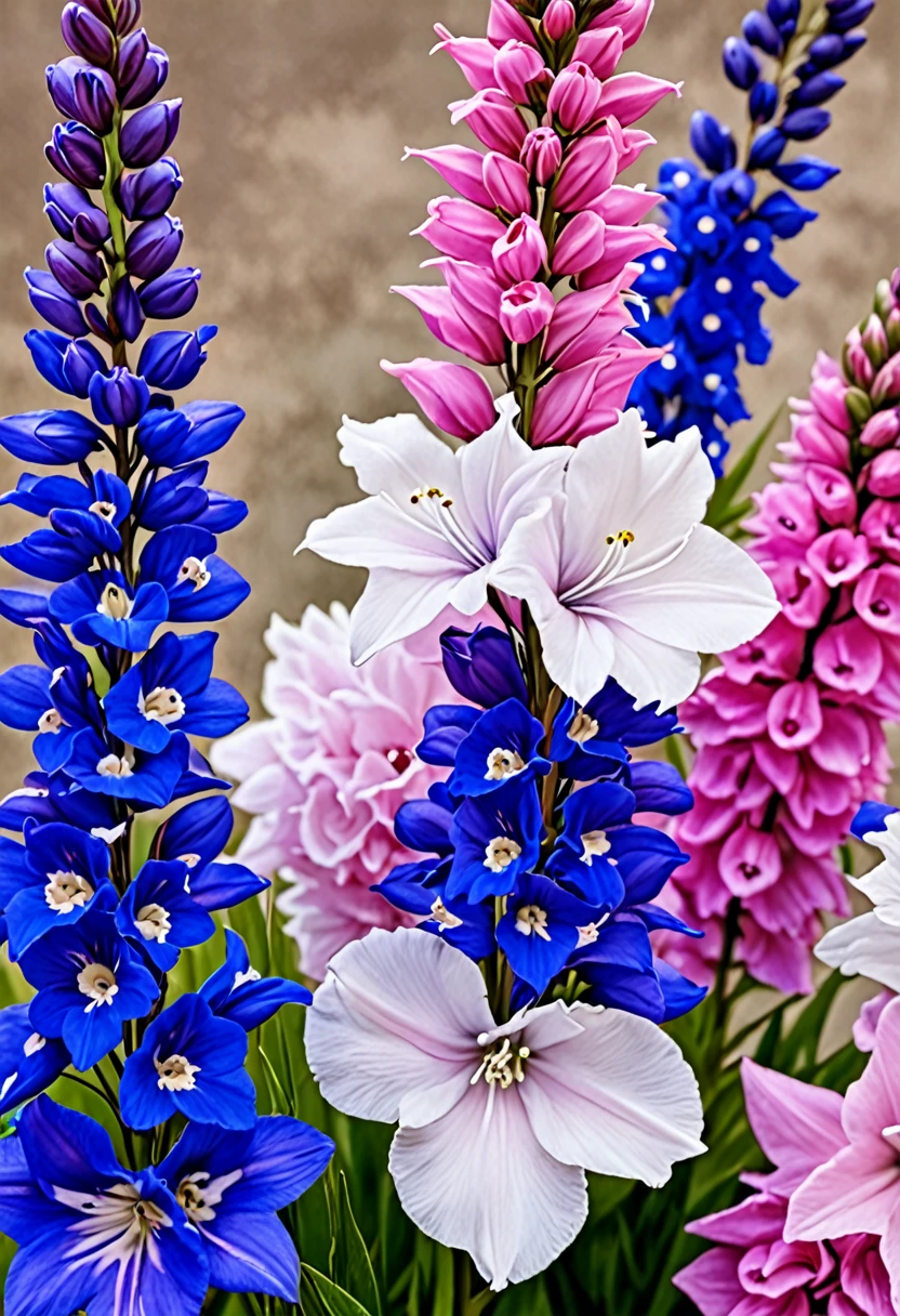 Larkspur flowers in blue (loyalty), pink (fickleness), and white (purity), symbolizing levity, laughter, and a carefree spirit. Show the flower in various settings, like bouquets, gardens, or vases.