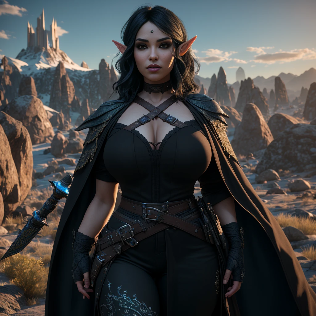 ((Best quality)), ((masterpiece)), (detailed: 1.4), 3D, (half-elf sorceress), (black hair, purple eyes:1.5, pale brown skin), (black robe, purple sleeves, grey pants, black boots and black armbands), (huge , big booty, short, curvy), (heavy gothic makeup), HDR (High Dynamic Range),Ray Tracing,NVIDIA RTX,Super-Resolution,Unreal 5,Subsurface dispersion, PBR texture, Post-processing, Anisotropic filtering, Depth of field, Maximum clarity and sharpness, Multilayer textures, Albedo and specular maps, Surface shading, Accurate simulation of light-material interaction, Perfect proportions, Octane Render, Two-tone lighting,Wide aperture,Low ISO,White balance,Rule of thirds,8K RAW,