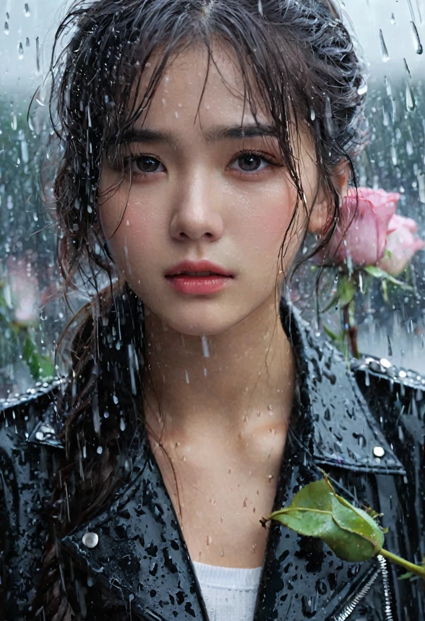 In a bustling city,rainstorm,A girl standing in the rain,The roses that the jk girl held tightly fell on the ground。Her eyes are full of sadness,Very sad expression,Gloomy eyes, And feel wronged,Wilted roses,Wilted flowers,The rain washed her cheeks。She insisted on waiting,Believe that the one you love will come back。