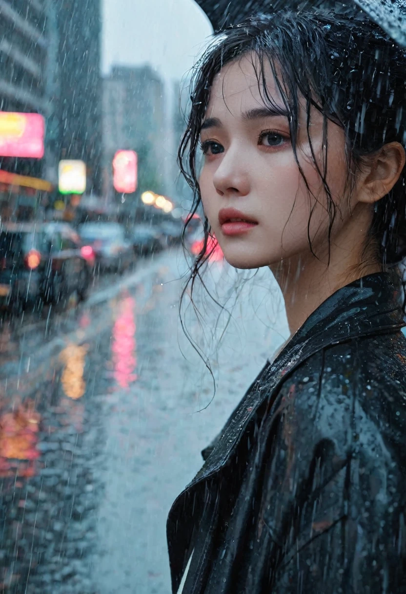 In a bustling city,rainstorm,A girl standing in the rain,The roses that the jk girl held tightly fell on the ground。Her eyes are full of sadness,Very sad expression,Gloomy eyes, And feel wronged,Wilted roses,Wilted flowers,The rain washed her cheeks。She insisted on waiting,Believe that the one you love will come back。