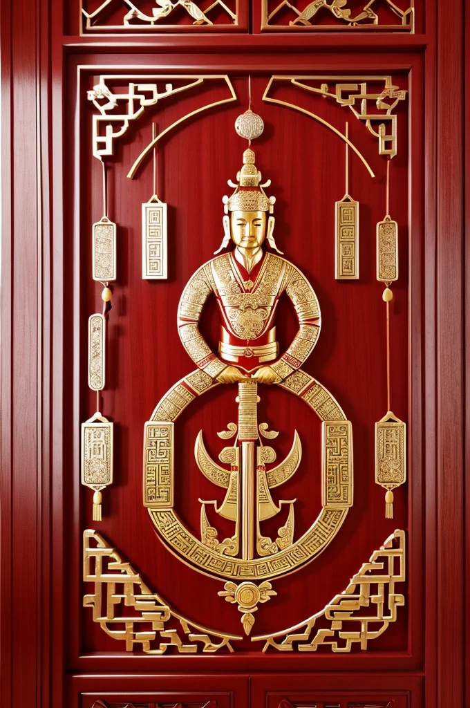 Kitchen God,God of Wealth,Chinese style,Traditional paper cutting,New Year Pictures,Red hue,symmetry,geometry,Folklore,Chinese Door Gods,poster,flat,HD,Ingots,Mahogany sword