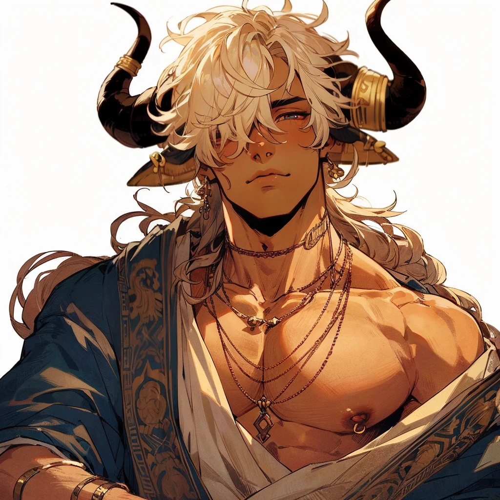 lineless manga style, anime, semi realistic, Baroque Anime Art Style, Male, tan caramel skinned, eyes covered by hair, Bull horns and tail, white fluffy hair that covers eyes, loose flowing Greek clothing, dark rich blue farmer civilian Greek clothing with ancient engravings on it, golden jewelry, slightly muscular, broad and slightly flared nose, Deep-set Eyes, Prominent Brow Ridge, well-defined and square chin, prominent square jawline, nipple piercings, bull nose ring, septum nose piercing, jewelry on bulls tail, fatherly vibe, eyes covered by fluffy hair, no eyes, nipple rings, bull nose ring, bull nose piercing, nipple piercing, full body, high quality, high resolution,
