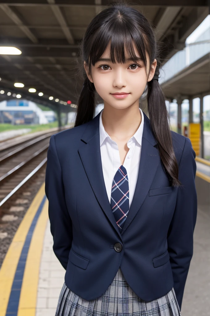 Navy Blue Blazer,Dark blue plaid pleated skirt,tie,15 years old,high school girl,Black Hair,bangs,Straight hair,ponytail,Dark Eyes,Small face,Young Face,Clean your eyes,Small Mouth,Showing teeth,thin,Young Face,,Flat Chest,Flat Chest,Flat Chest,Flat Chest,on the train,Realistic photos,8K,smile,White teeth,Ultra HD,Standing posture,whole body,rucksack,