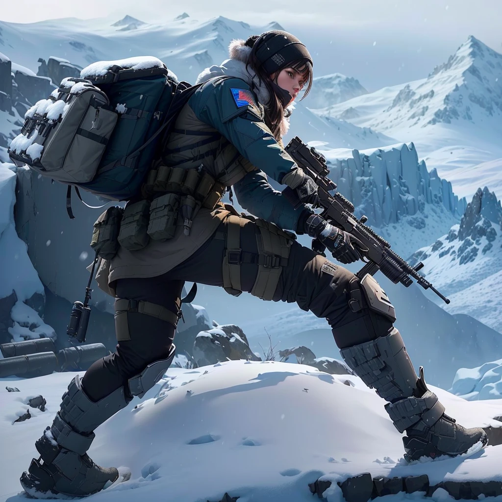 Holding a gun on the snowy mountain、Arav soldier with backpack, Winter concept art, FPS Game Concept Art, Future soldiers, Sci-fi soldier, Cyberpunk Soldier, Ghost from Apex Legends, fps shooter game, Stunning 8k character concept art, Frostbite 3 rendering, Mechanized female soldier, Similar to Ernest Khalimov's concept art