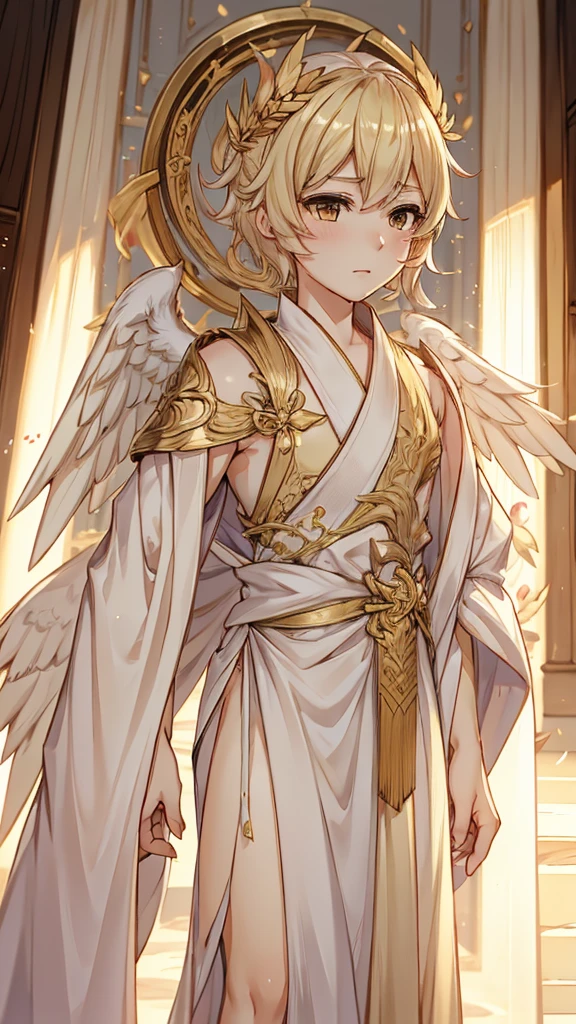 Angel男孩，Angel男孩，Blonde short hair，情趣robe，robe，高开叉robe，Western style，贵族风格robe，Angel，wing，wing，wing，wing，feather，Greek style，laurels