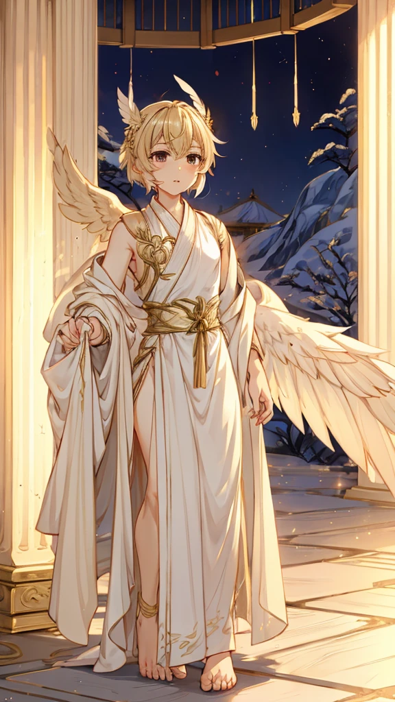 Angel男孩，Angel男孩，Blonde short hair，情趣robe，robe，高开叉robe，Western style，贵族风格robe，Angel，wing，wing，wing，wing，feather，Greek style，laurels