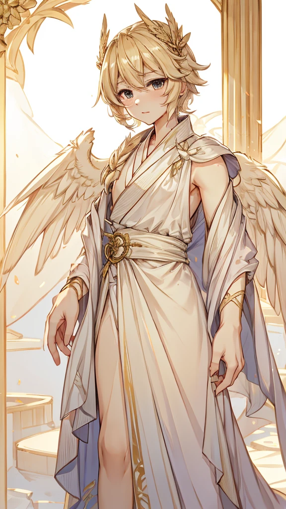 Angel男孩，Angel男孩，Blonde short hair，情趣robe，robe，高开叉robe，Western style，贵族风格robe，Angel，wing，wing，wing，wing，feather，Greek style，laurels