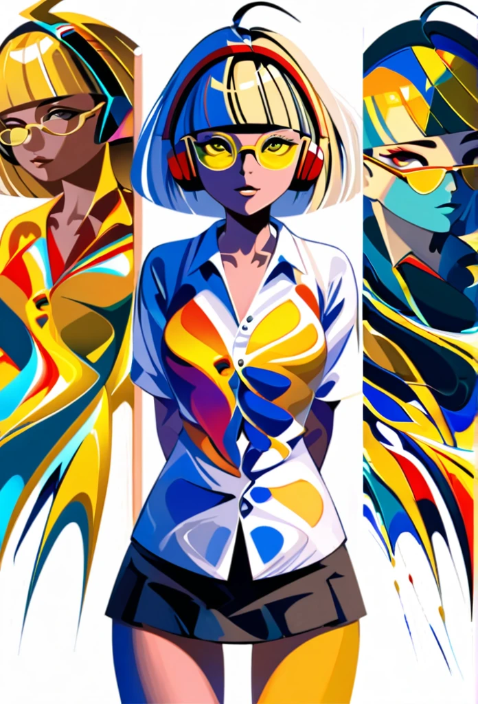 (masterpiece:1.2, best quality), 1lady, solo, , classroom, day, sit, blonde, twintails, red eyes, open collabone, darkskin, (open breasts:1.1), ((masterpiece, best quality)), (1girl), (solo), (female focus), (ahoge, white hair, short hair), black eyes, ((white shirt), (buttoned shirt)), ((black skirt), (short skirt)), standing, white background, arms behind back, (((yellow glasses:1.3))), headphone, short hair, blunt bangs,Please turn the provided image into a painting keeping the same agape face features and realistic likeness and with the following characteristics: Art Style: Flowing Picasso style. Colors: Vibrant and dynamic, using bold and contrasting colors like the photo Details: Emphasize abstract shapes and flowing lines to capture the essence of her features. Mood: Artistic and expressive, with a surreal and imaginative touch. Background: Complementary to the Picasso style, potentially with abstract elements or patterns. Note: The final image should creatively reinterpret her likeness in a way that feels both unique and artistic, reminiscent of Picasso's distinctive and abstract painting style.