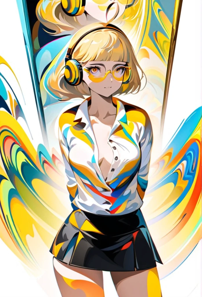 (masterpiece:1.2, best quality), 1lady, solo, , classroom, day, sit, blonde, twintails, red eyes, open collabone, darkskin, (open breasts:1.1), ((masterpiece, best quality)), (1girl), (solo), (female focus), (ahoge, white hair, short hair), black eyes, ((white shirt), (buttoned shirt)), ((black skirt), (short skirt)), standing, white background, arms behind back, (((yellow glasses:1.3))), headphone, short hair, blunt bangs,Please turn the provided image into a painting keeping the same agape face features and realistic likeness and with the following characteristics: Art Style: Flowing Picasso style. Colors: Vibrant and dynamic, using bold and contrasting colors like the photo Details: Emphasize abstract shapes and flowing lines to capture the essence of her features. Mood: Artistic and expressive, with a surreal and imaginative touch. Background: Complementary to the Picasso style, potentially with abstract elements or patterns. Note: The final image should creatively reinterpret her likeness in a way that feels both unique and artistic, reminiscent of Picasso's distinctive and abstract painting style.